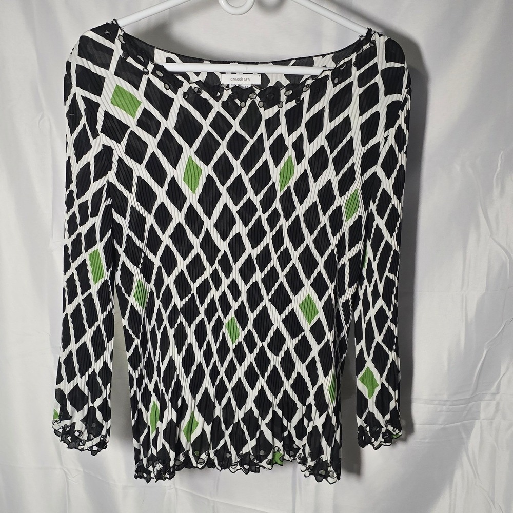 Dressbarn Womens Pleated Blouse Geometric Diamond Eyelet Trim‎ Black Green M